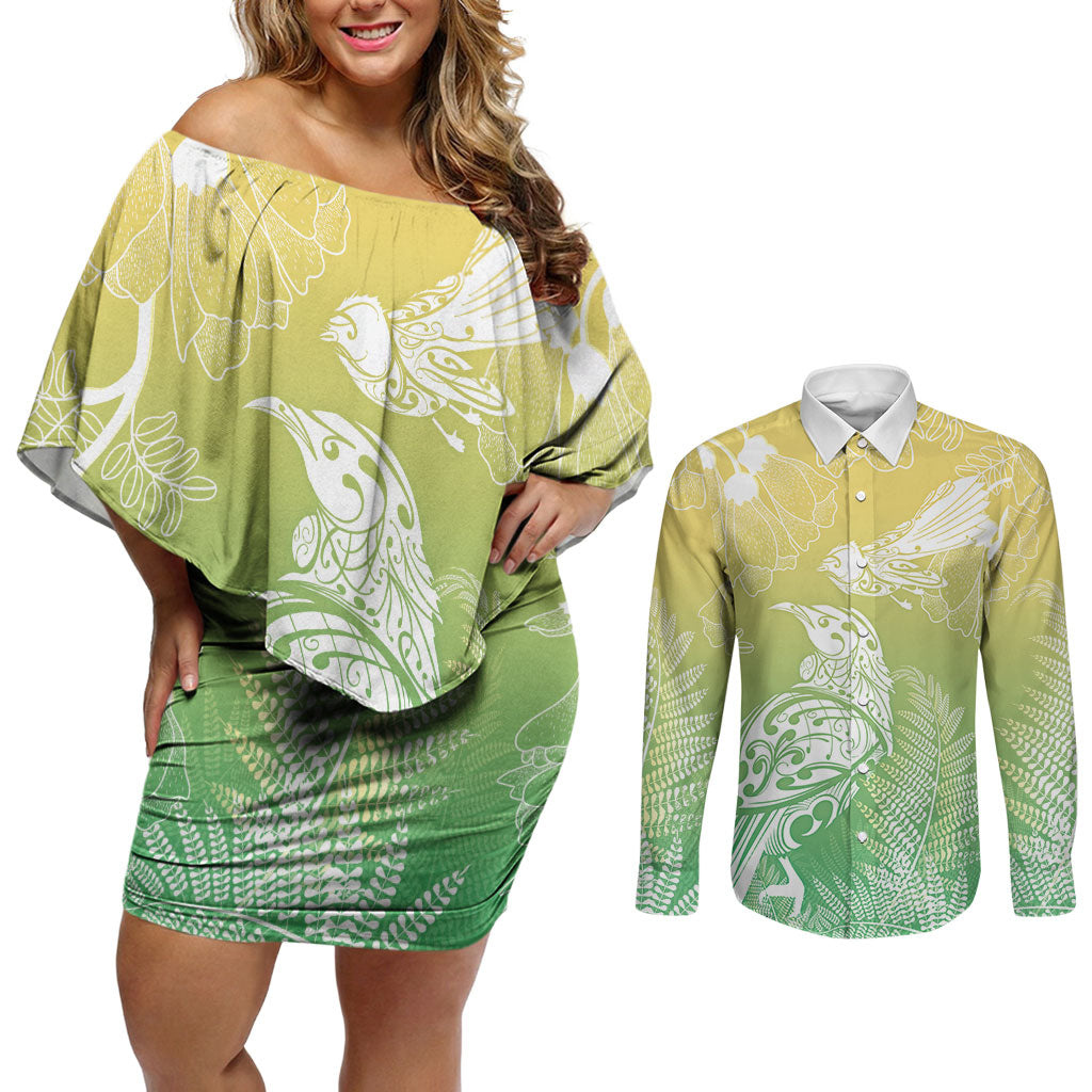 Aotearoa Maori Mahuru Tui With Pikawakawa Couples Matching Off Shoulder Short Dress and Long Sleeve Button Shirt Spring Time LT7 Green - Polynesian Pride