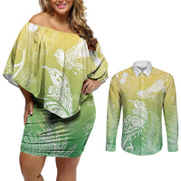 Aotearoa Maori Mahuru Tui With Pikawakawa Couples Matching Off Shoulder Short Dress and Long Sleeve Button Shirt Spring Time LT7 Green - Polynesian Pride