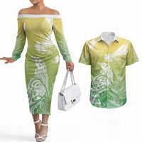 Aotearoa Maori Mahuru Tui With Pikawakawa Couples Matching Off The Shoulder Long Sleeve Dress and Hawaiian Shirt Spring Time LT7 Green - Polynesian Pride