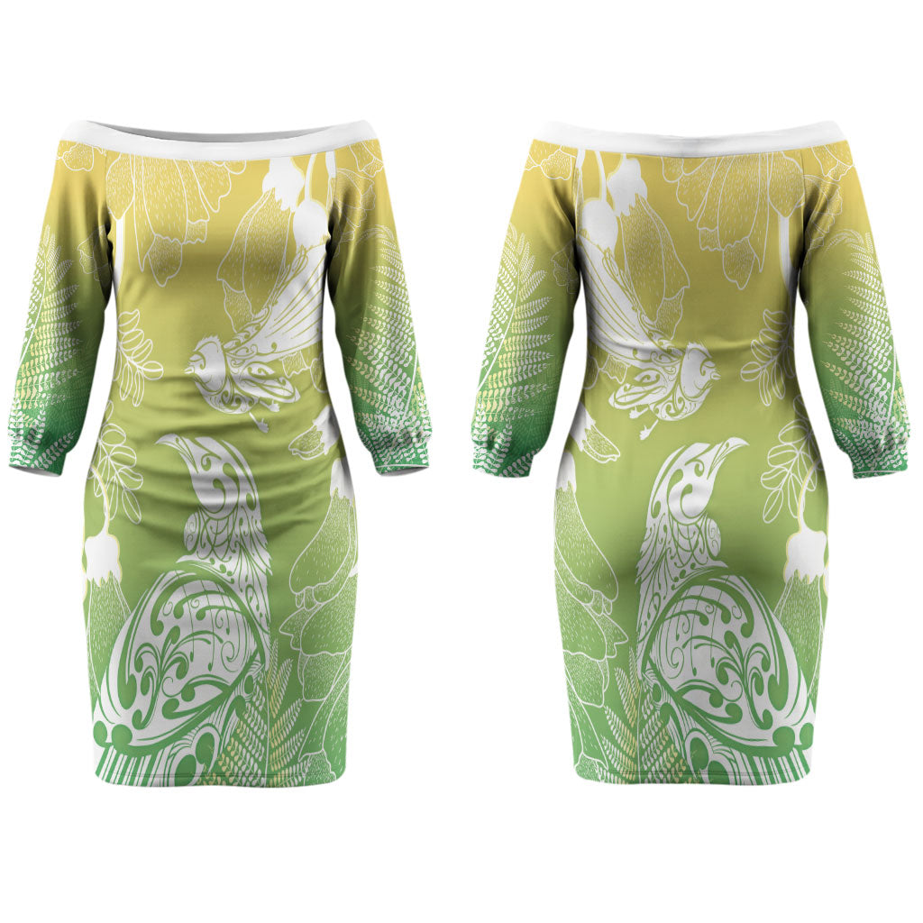 Aotearoa Maori Mahuru Tui With Pikawakawa Couples Matching Off The Shoulder Long Sleeve Dress and Hawaiian Shirt Spring Time LT7 - Polynesian Pride