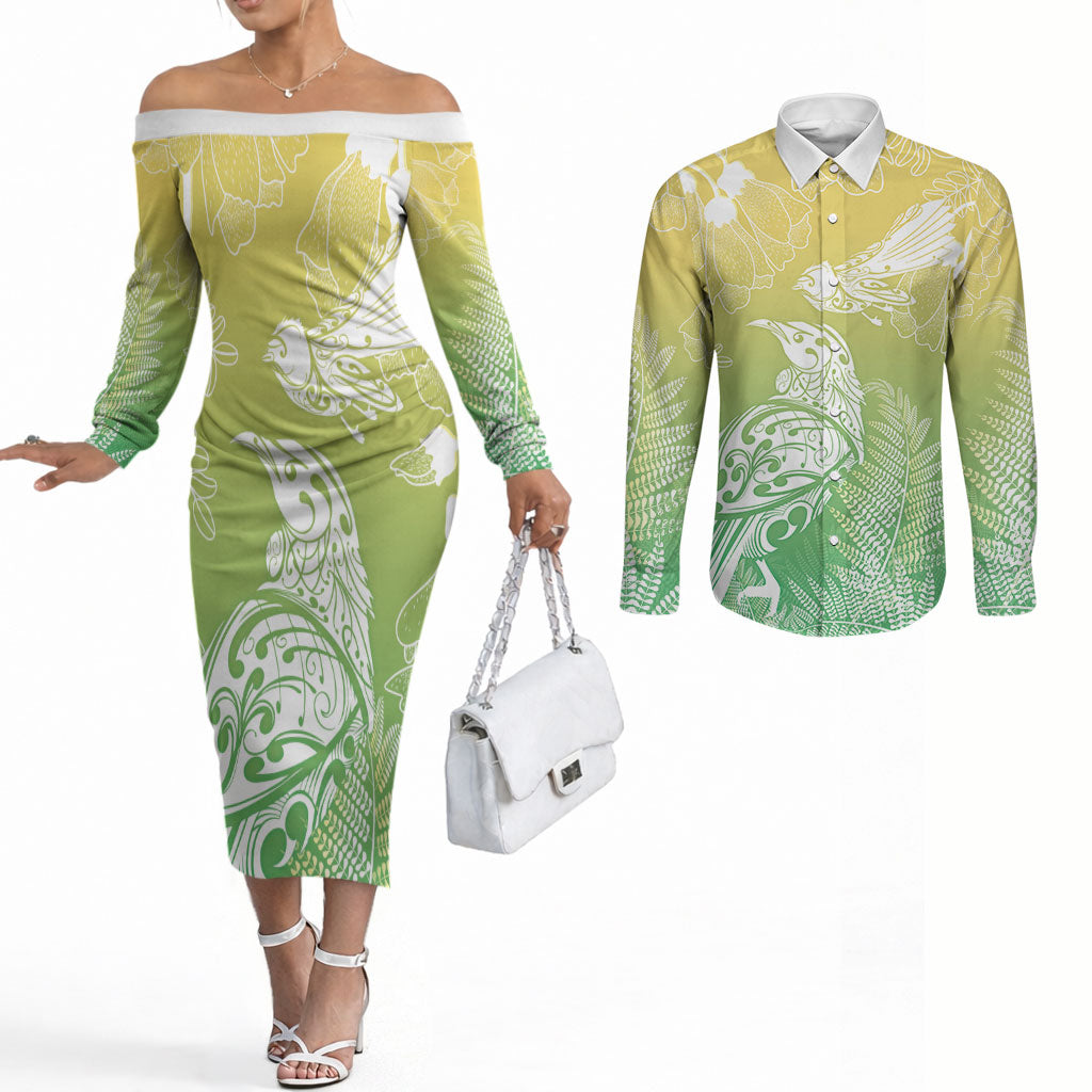 Aotearoa Maori Mahuru Tui With Pikawakawa Couples Matching Off The Shoulder Long Sleeve Dress and Long Sleeve Button Shirt Spring Time LT7 Green - Polynesian Pride