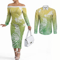 Aotearoa Maori Mahuru Tui With Pikawakawa Couples Matching Off The Shoulder Long Sleeve Dress and Long Sleeve Button Shirt Spring Time LT7 Green - Polynesian Pride