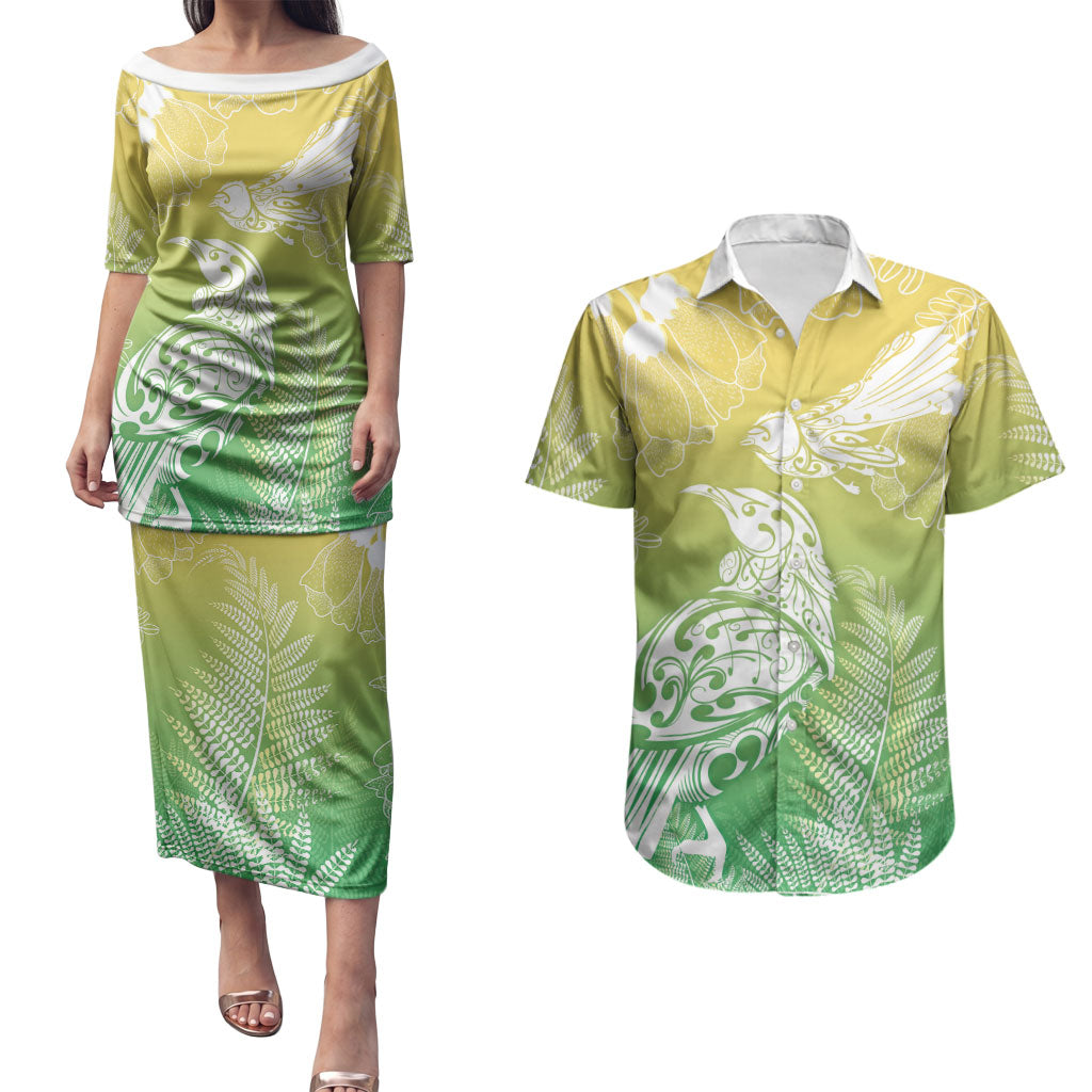 Aotearoa Maori Mahuru Tui With Pikawakawa Couples Matching Puletasi and Hawaiian Shirt Spring Time LT7 Green - Polynesian Pride