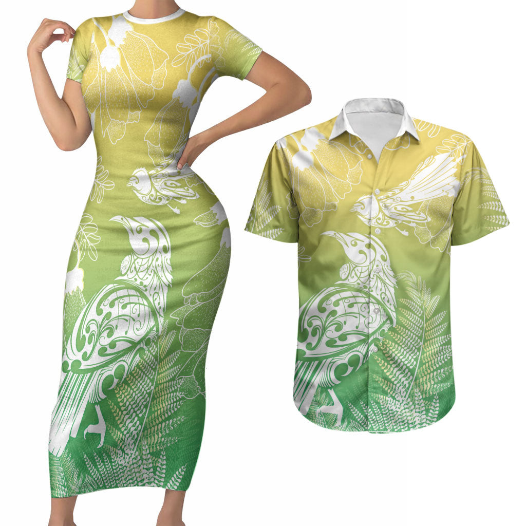 Aotearoa Maori Mahuru Tui With Pikawakawa Couples Matching Short Sleeve Bodycon Dress and Hawaiian Shirt Spring Time LT7 Green - Polynesian Pride