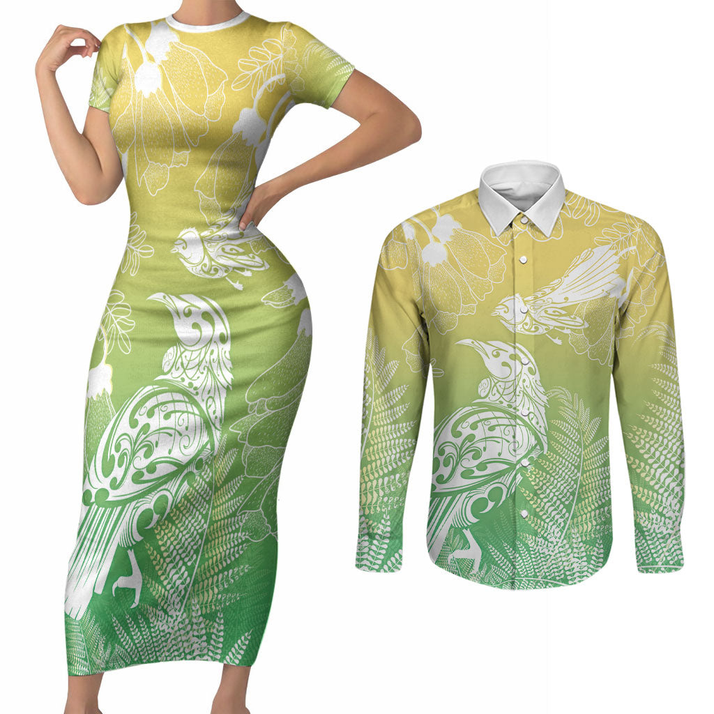 Aotearoa Maori Mahuru Tui With Pikawakawa Couples Matching Short Sleeve Bodycon Dress and Long Sleeve Button Shirt Spring Time LT7 Green - Polynesian Pride