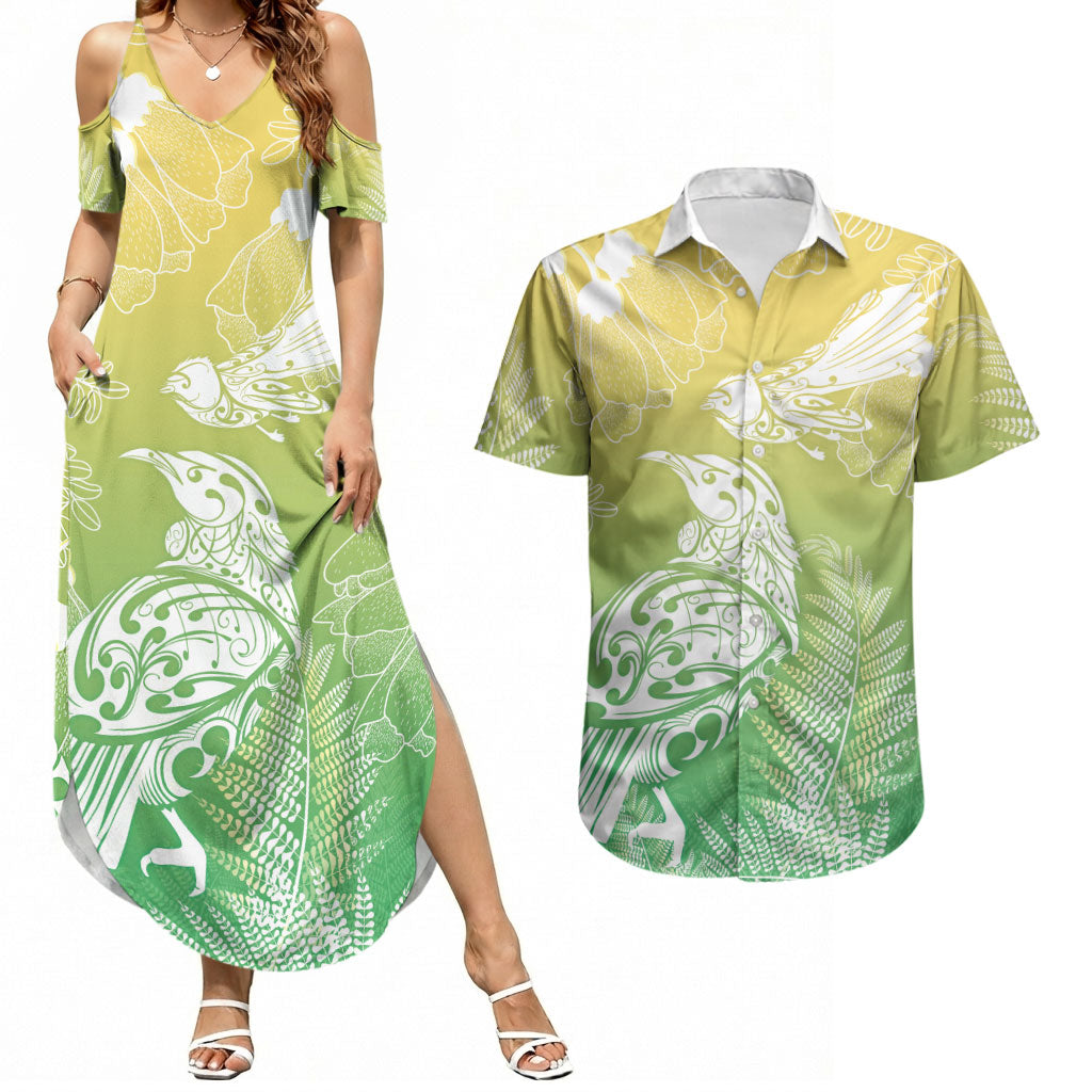 Aotearoa Maori Mahuru Tui With Pikawakawa Couples Matching Summer Maxi Dress and Hawaiian Shirt Spring Time LT7 Green - Polynesian Pride