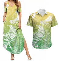 Aotearoa Maori Mahuru Tui With Pikawakawa Couples Matching Summer Maxi Dress and Hawaiian Shirt Spring Time LT7 Green - Polynesian Pride
