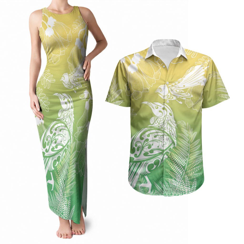 Aotearoa Maori Mahuru Tui With Pikawakawa Couples Matching Tank Maxi Dress and Hawaiian Shirt Spring Time LT7 Green - Polynesian Pride