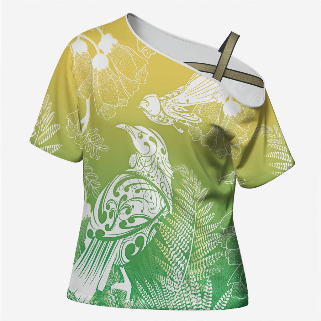 Aotearoa Maori Mahuru Tui With Pikawakawa Cross Shoulder Shirt Spring Time LT7 Female Green - Polynesian Pride