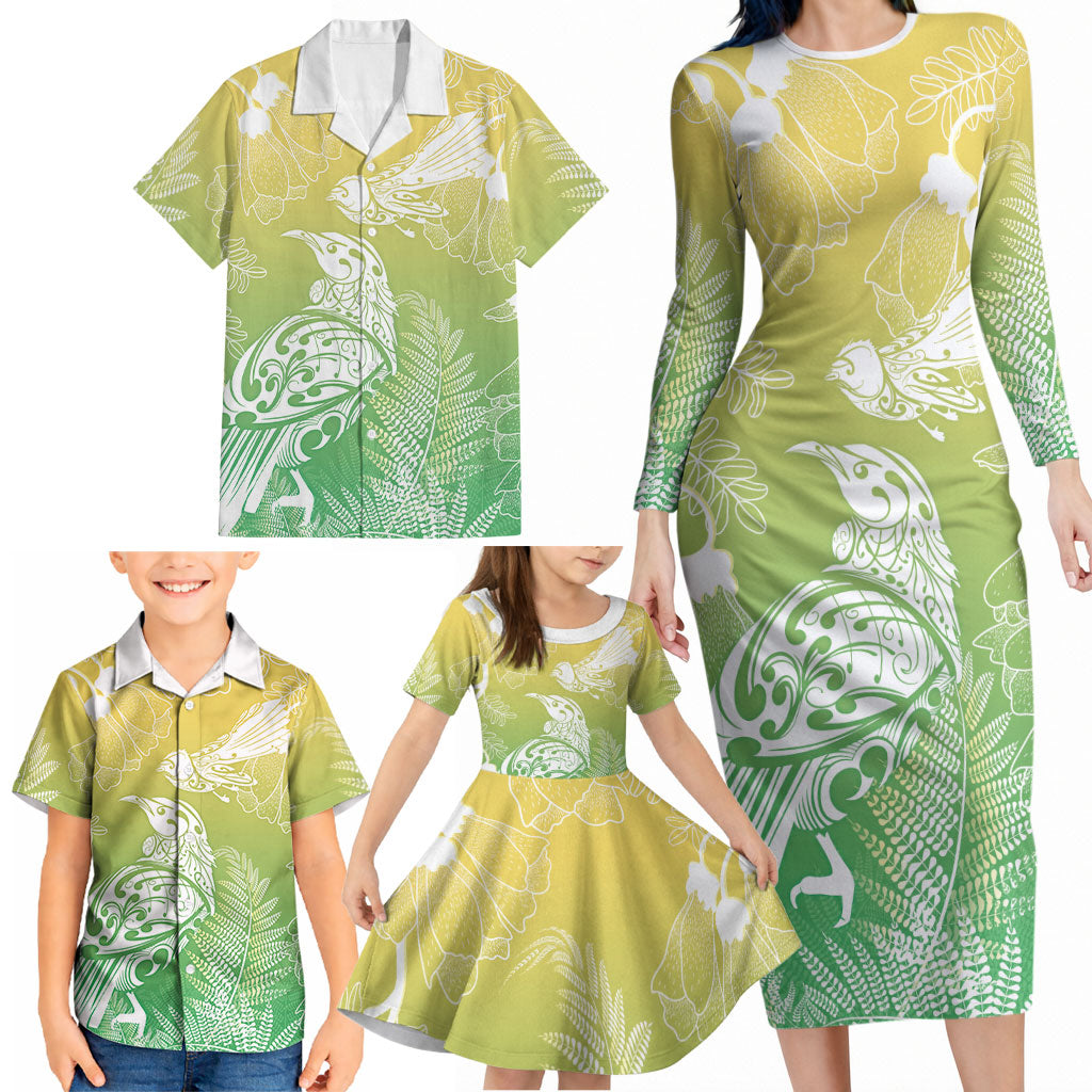 Aotearoa Maori Mahuru Tui With Pikawakawa Family Matching Long Sleeve Bodycon Dress and Hawaiian Shirt Spring Time LT7 - Polynesian Pride