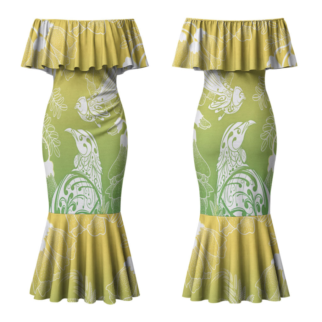 Aotearoa Maori Mahuru Tui With Pikawakawa Family Matching Mermaid Dress and Hawaiian Shirt Spring Time LT7 Mom's Dress Green - Polynesian Pride
