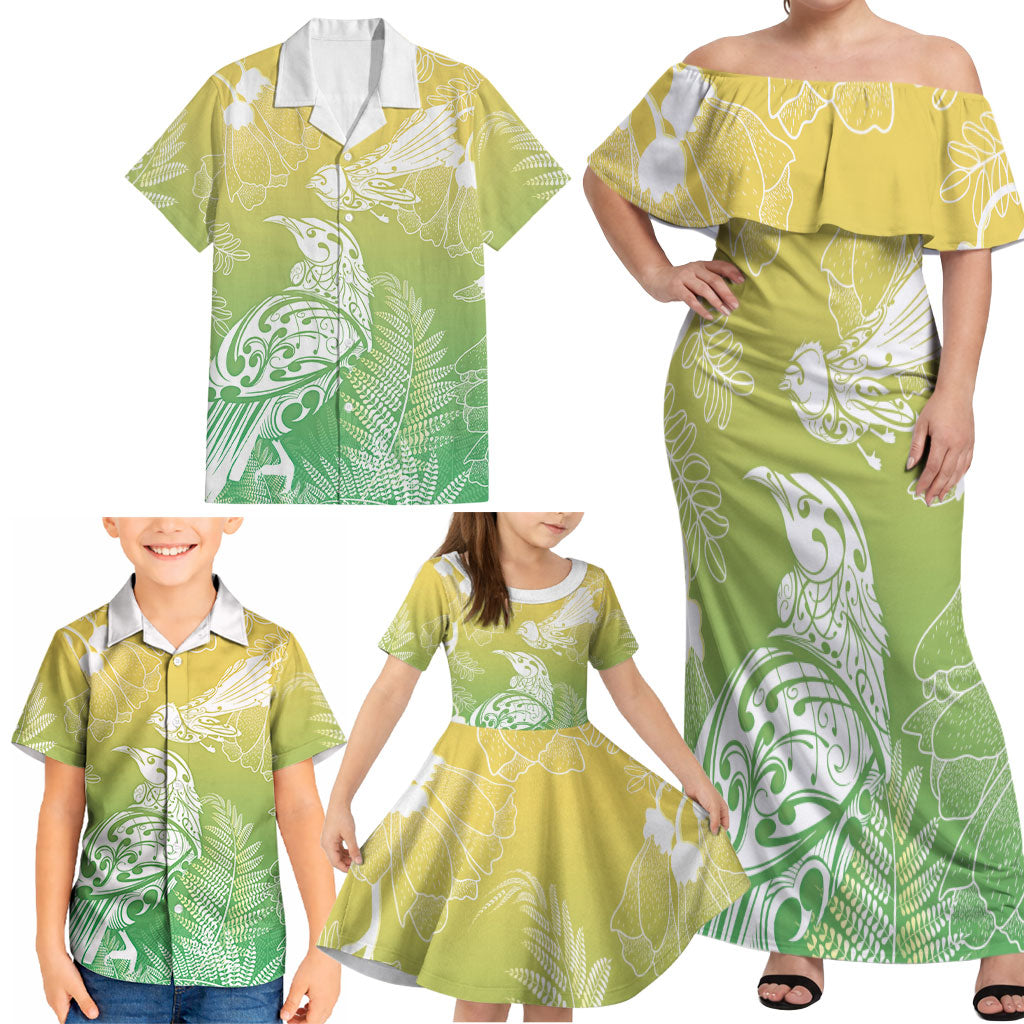 Aotearoa Maori Mahuru Tui With Pikawakawa Family Matching Off Shoulder Maxi Dress and Hawaiian Shirt Spring Time LT7 - Polynesian Pride