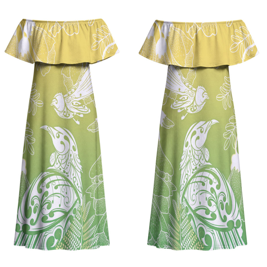 Aotearoa Maori Mahuru Tui With Pikawakawa Family Matching Off Shoulder Maxi Dress and Hawaiian Shirt Spring Time LT7 Mom's Dress Green - Polynesian Pride