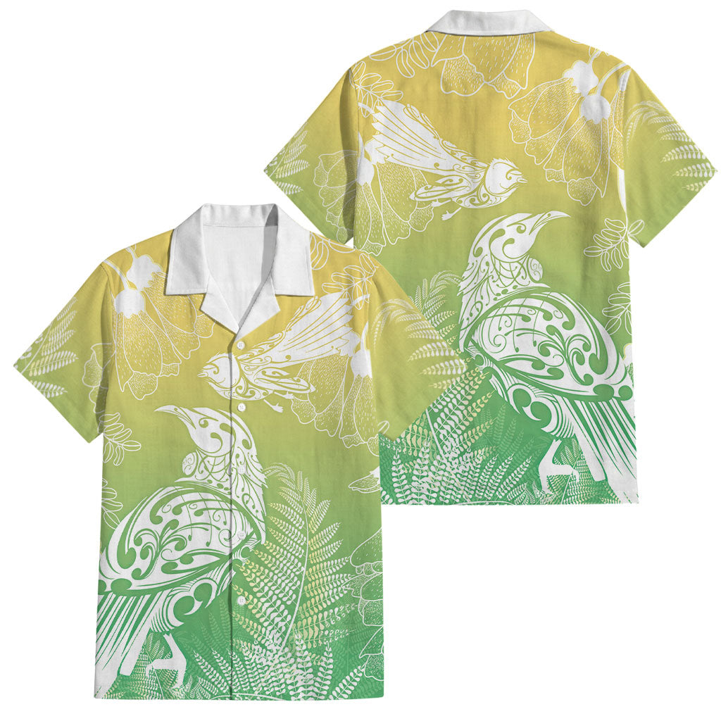 Aotearoa Maori Mahuru Tui With Pikawakawa Family Matching Off Shoulder Maxi Dress and Hawaiian Shirt Spring Time LT7 Dad's Shirt - Short Sleeve Green - Polynesian Pride