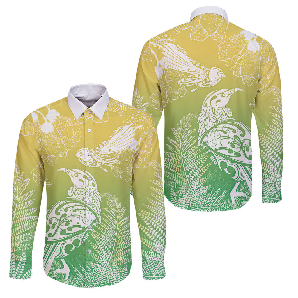 Aotearoa Maori Mahuru Tui With Pikawakawa Family Matching Off Shoulder Maxi Dress and Hawaiian Shirt Spring Time LT7 Dad's Shirt - Long Sleeve Green - Polynesian Pride