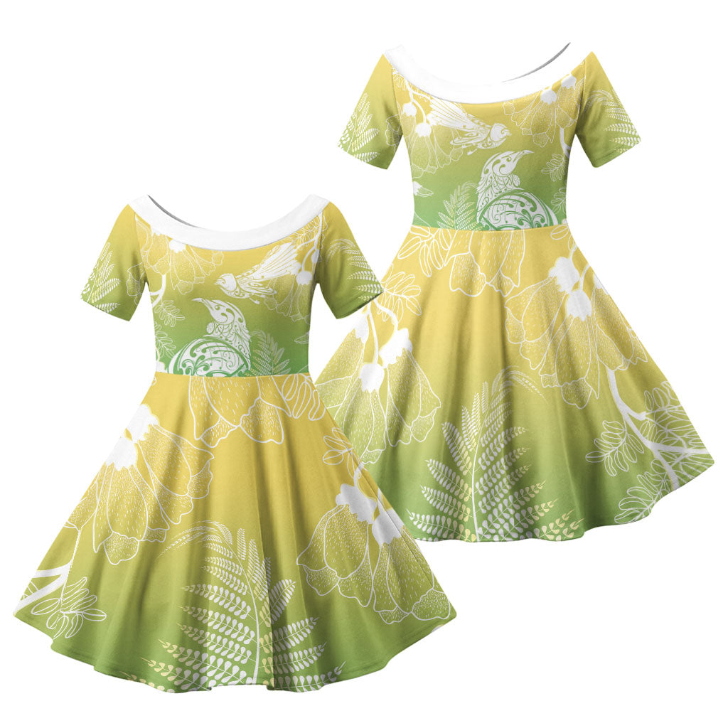 Aotearoa Maori Mahuru Tui With Pikawakawa Family Matching Off Shoulder Maxi Dress and Hawaiian Shirt Spring Time LT7 Daughter's Dress Green - Polynesian Pride