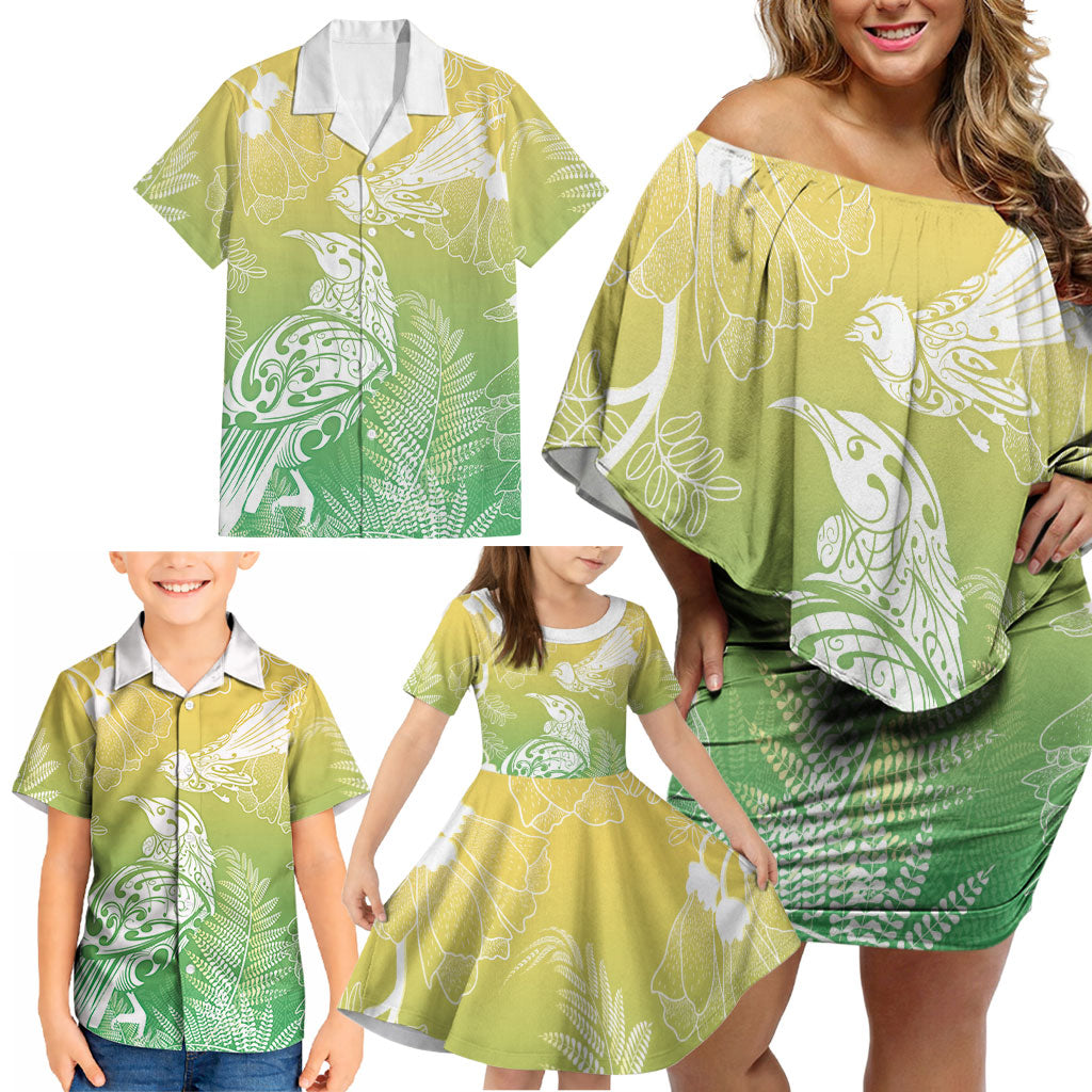 Aotearoa Maori Mahuru Tui With Pikawakawa Family Matching Off Shoulder Short Dress and Hawaiian Shirt Spring Time LT7 - Polynesian Pride