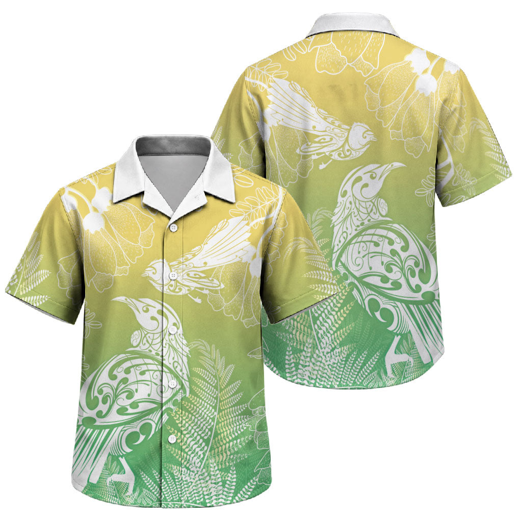 Aotearoa Maori Mahuru Tui With Pikawakawa Family Matching Off Shoulder Short Dress and Hawaiian Shirt Spring Time LT7 Son's Shirt Green - Polynesian Pride