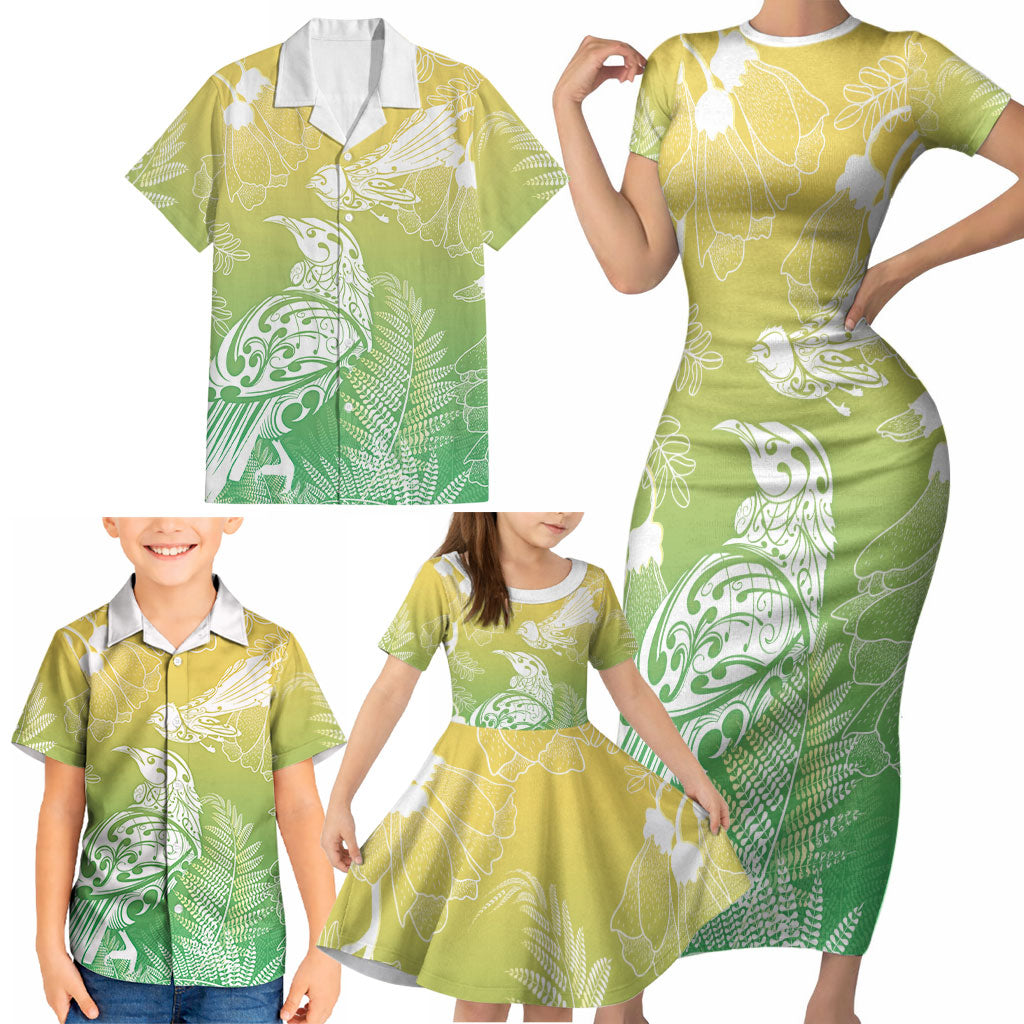 Aotearoa Maori Mahuru Tui With Pikawakawa Family Matching Short Sleeve Bodycon Dress and Hawaiian Shirt Spring Time LT7 - Polynesian Pride