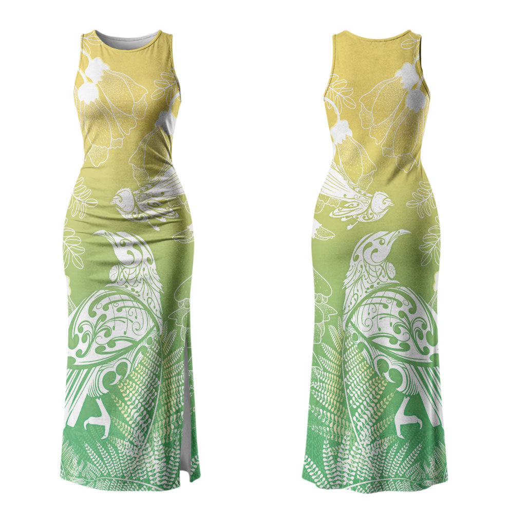 Aotearoa Maori Mahuru Tui With Pikawakawa Family Matching Tank Maxi Dress and Hawaiian Shirt Spring Time LT7 Mom's Dress Green - Polynesian Pride
