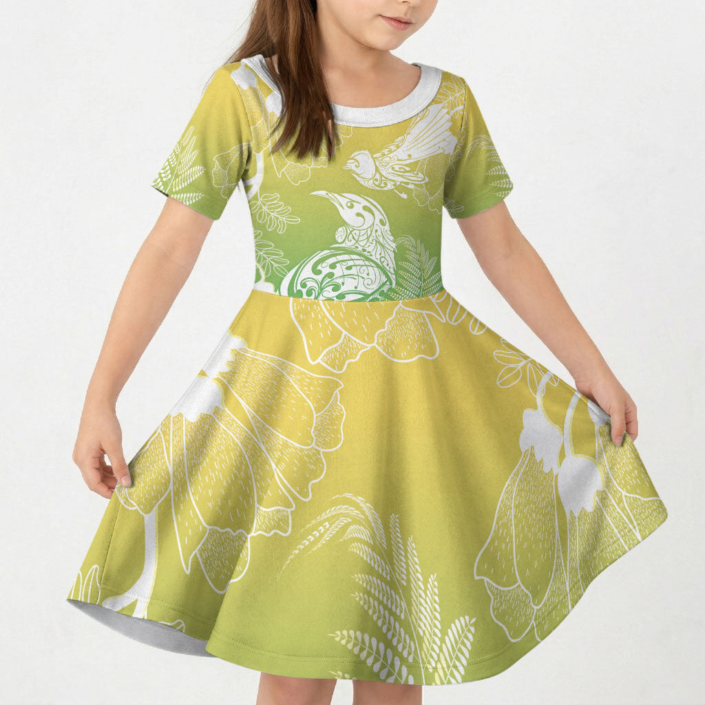 Aotearoa Maori Mahuru Tui With Pikawakawa Kid Short Sleeve Dress Spring Time LT7 KID Green - Polynesian Pride