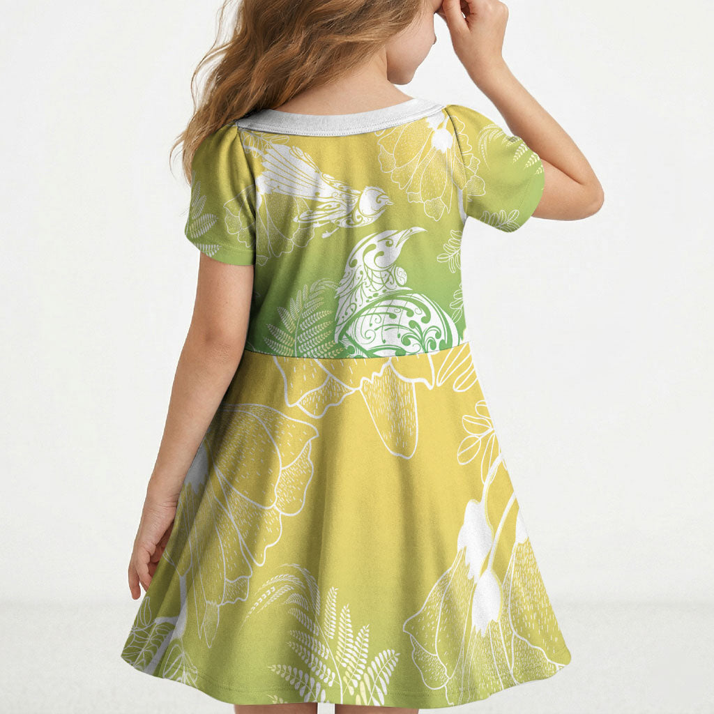 Aotearoa Maori Mahuru Tui With Pikawakawa Kid Short Sleeve Dress Spring Time LT7 - Polynesian Pride