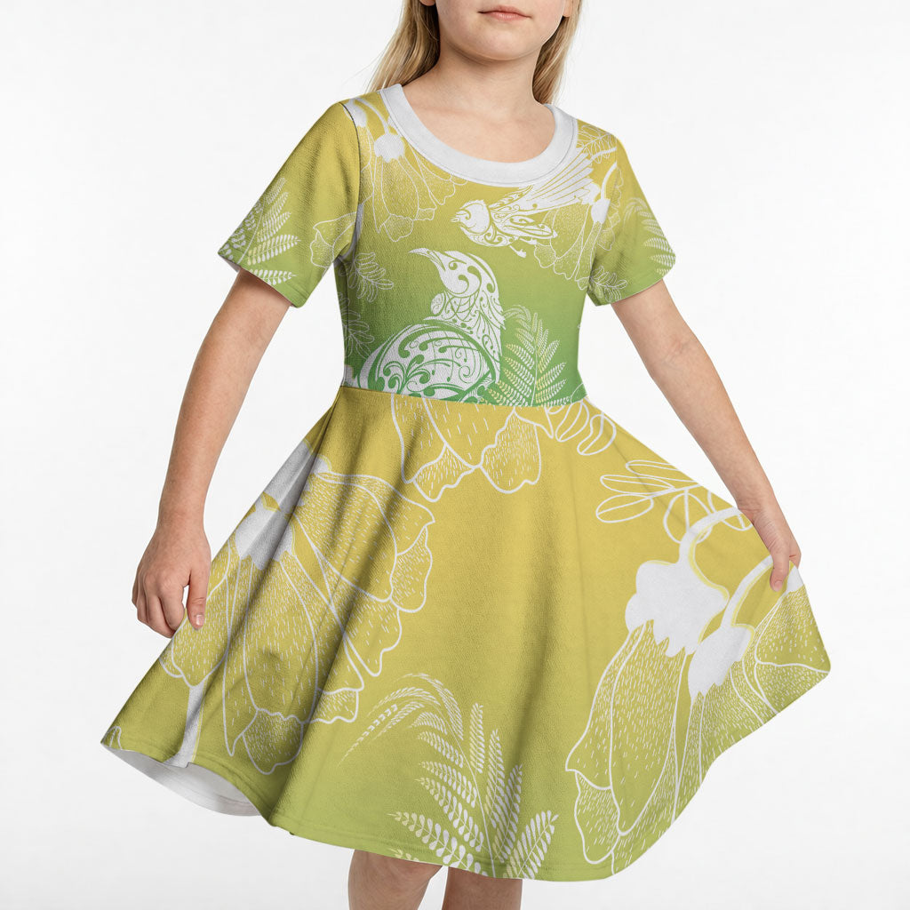 Aotearoa Maori Mahuru Tui With Pikawakawa Kid Short Sleeve Dress Spring Time LT7 - Polynesian Pride