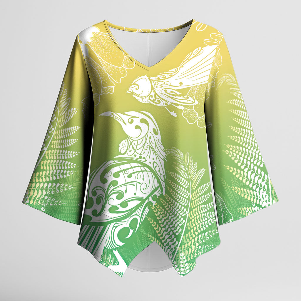 Aotearoa Maori Mahuru Tui With Pikawakawa Kimono Sleeve Blouse Spring Time LT7 Female Green - Polynesian Pride