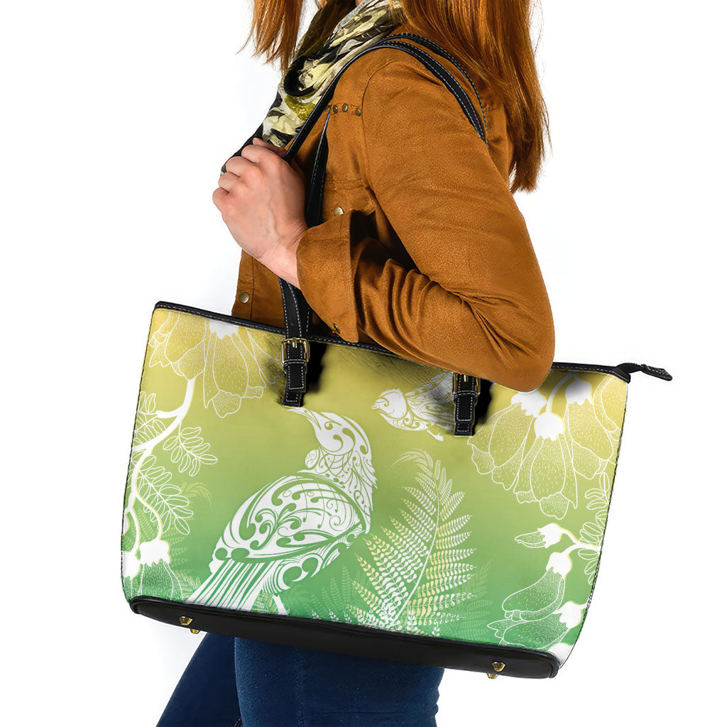 Aotearoa Maori Mahuru Tui With Pikawakawa Leather Tote Bag Spring Time LT7 Green - Polynesian Pride
