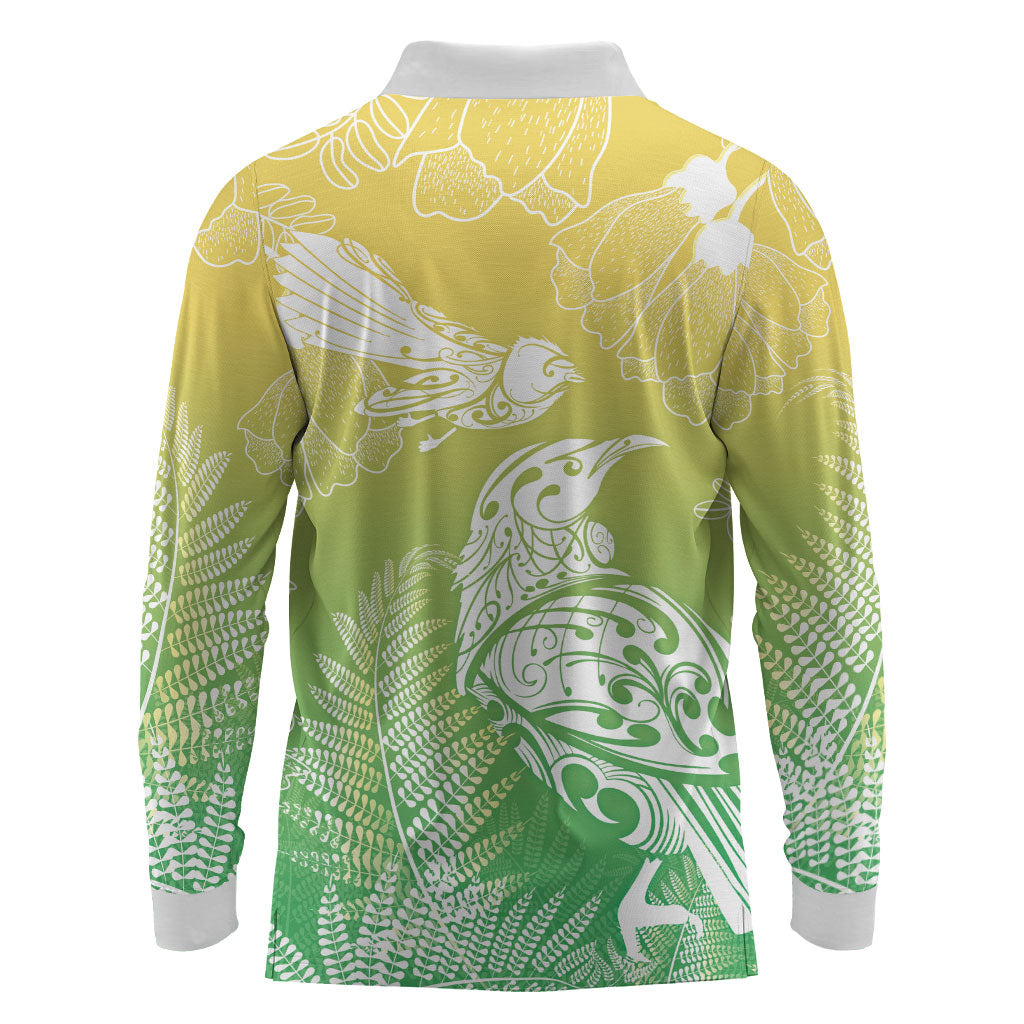 Aotearoa Maori Mahuru Tui With Pikawakawa Long Sleeve Polo Shirt Spring Time LT7 - Polynesian Pride