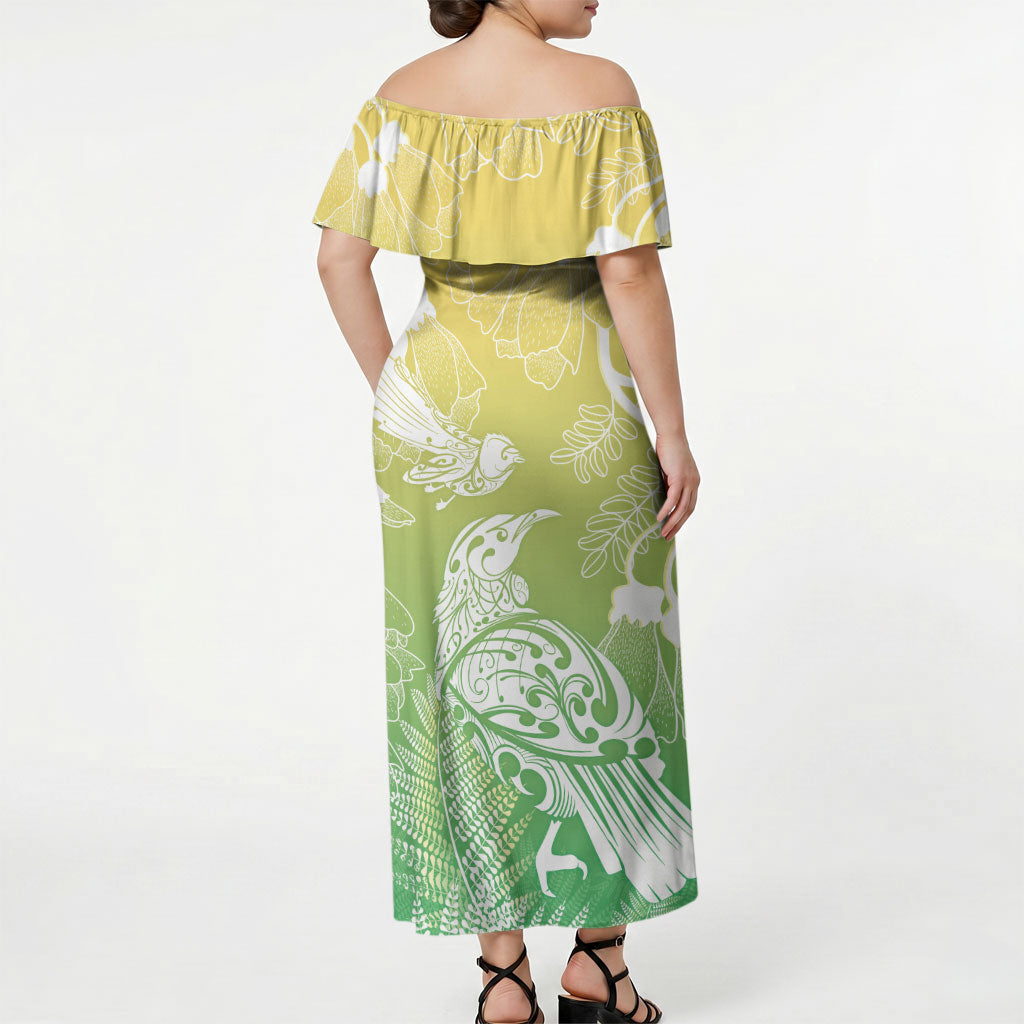 Aotearoa Maori Mahuru Tui With Pikawakawa Off Shoulder Maxi Dress Spring Time LT7 - Polynesian Pride