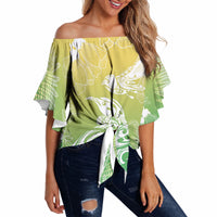 Aotearoa Maori Mahuru Tui With Pikawakawa Off Shoulder Wrap Waist Top Spring Time LT7 Green - Polynesian Pride