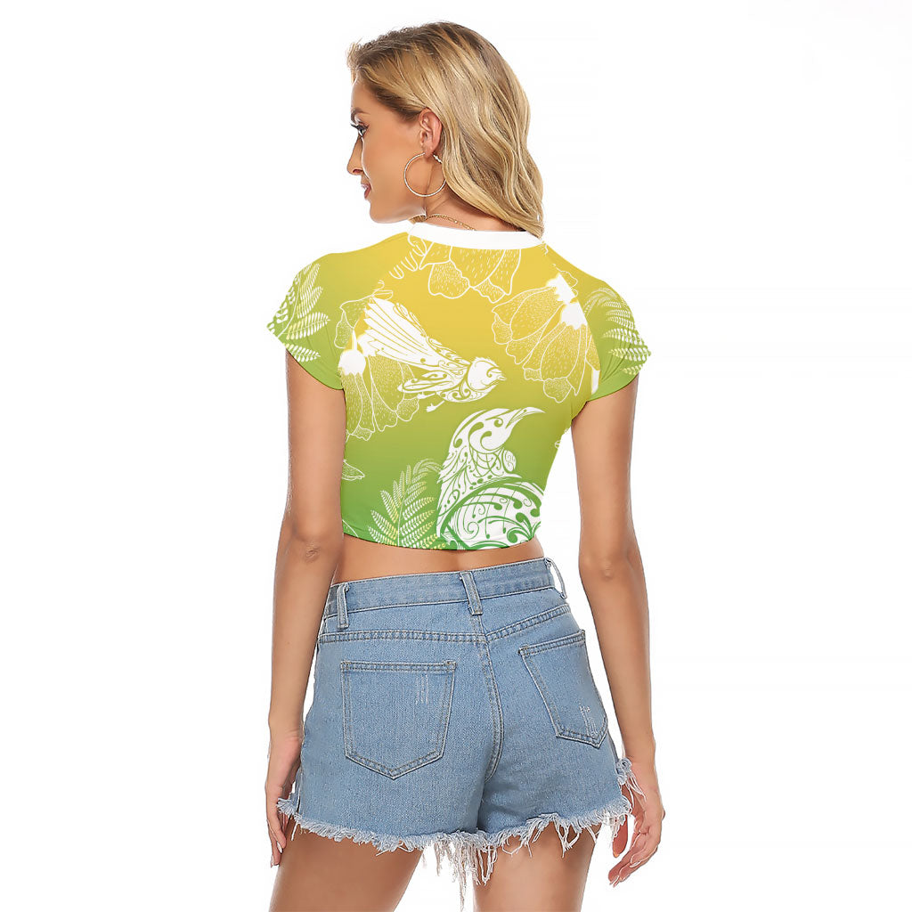 Aotearoa Maori Mahuru Tui With Pikawakawa Raglan Cropped T Shirt Spring Time LT7 - Polynesian Pride