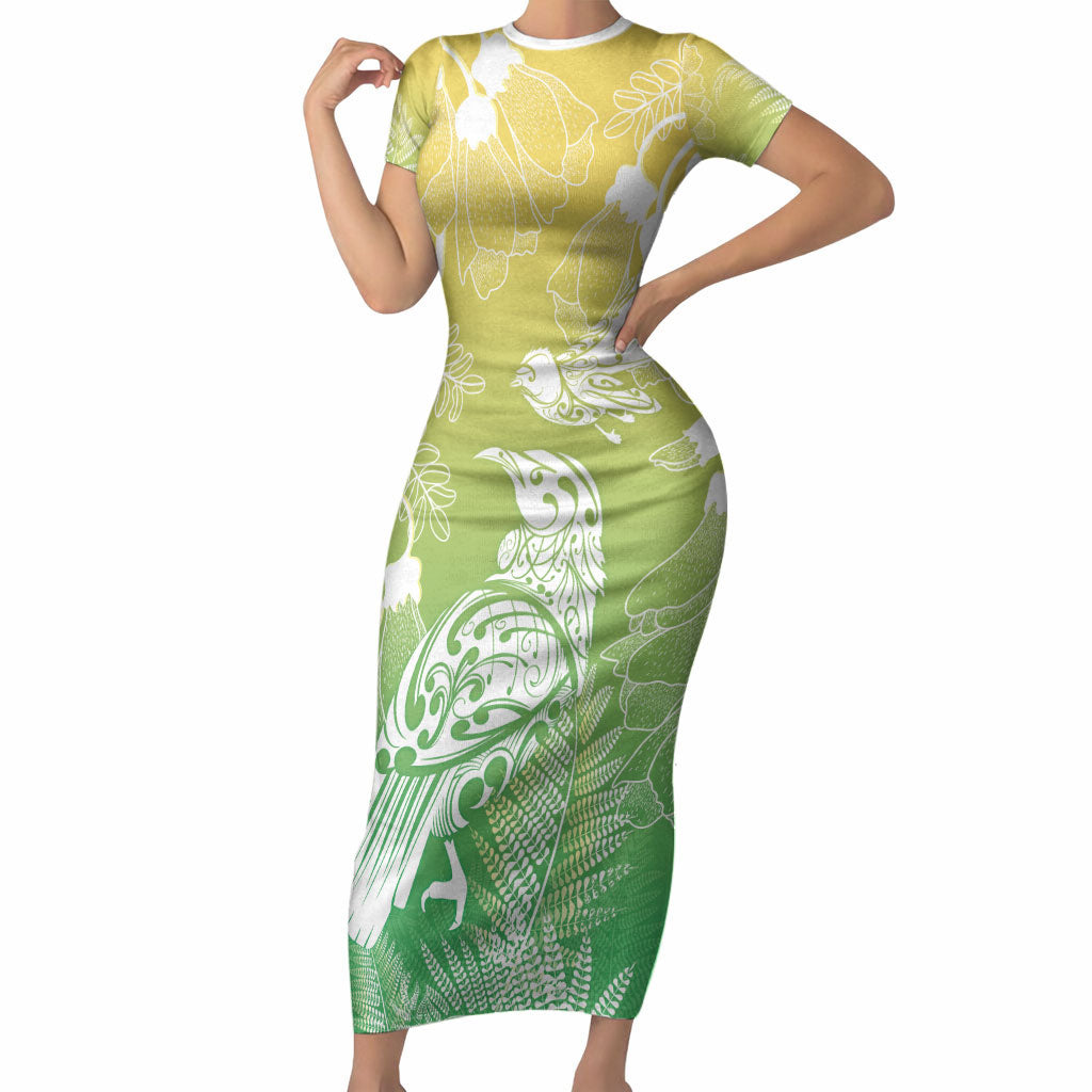 Aotearoa Maori Mahuru Tui With Pikawakawa Short Sleeve Bodycon Dress Spring Time LT7 Long Dress Green - Polynesian Pride