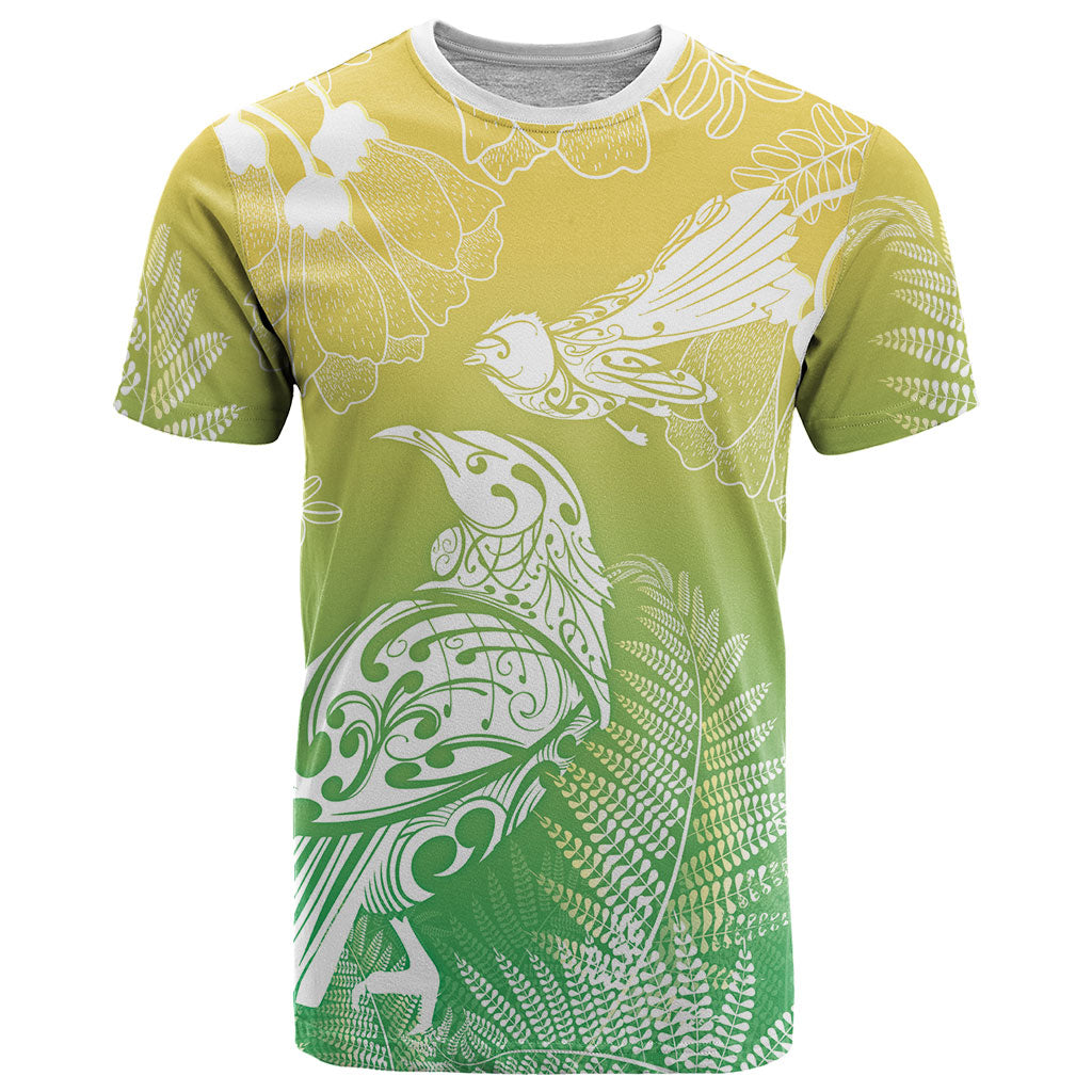 Aotearoa Maori Mahuru Tui With Pikawakawa T Shirt Spring Time LT7 Green - Polynesian Pride