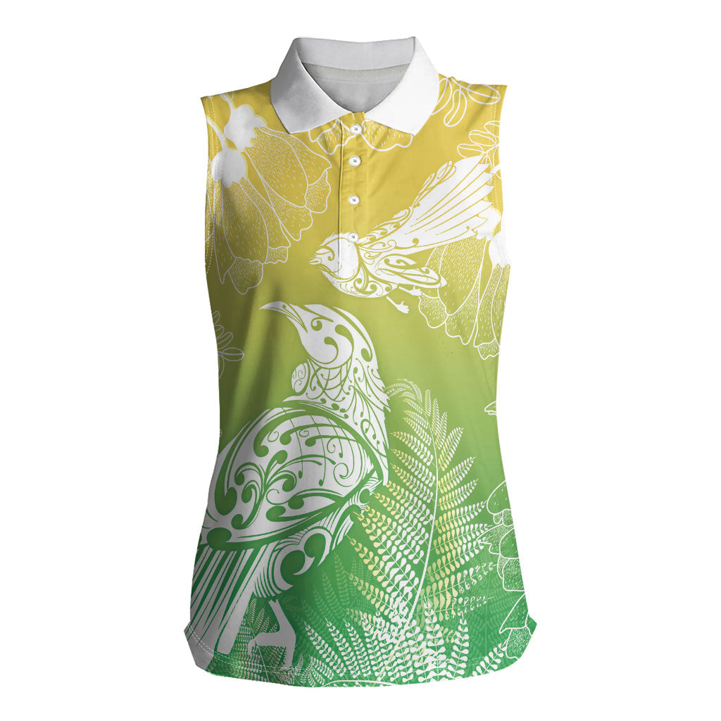 Aotearoa Maori Mahuru Tui With Pikawakawa Women Sleeveless Polo Shirt Spring Time LT7 Female Green - Polynesian Pride