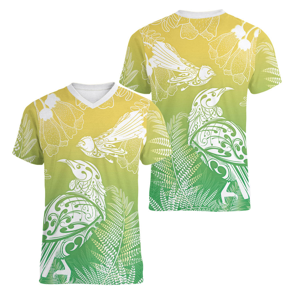 Aotearoa Maori Mahuru Tui With Pikawakawa Women V-Neck T-Shirt Spring Time LT7 - Polynesian Pride