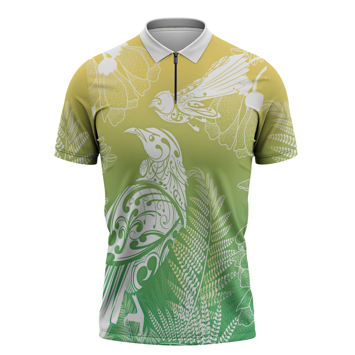 Aotearoa Maori Mahuru Tui With Pikawakawa Zipper Polo Shirt Spring Time LT7 Green - Polynesian Pride