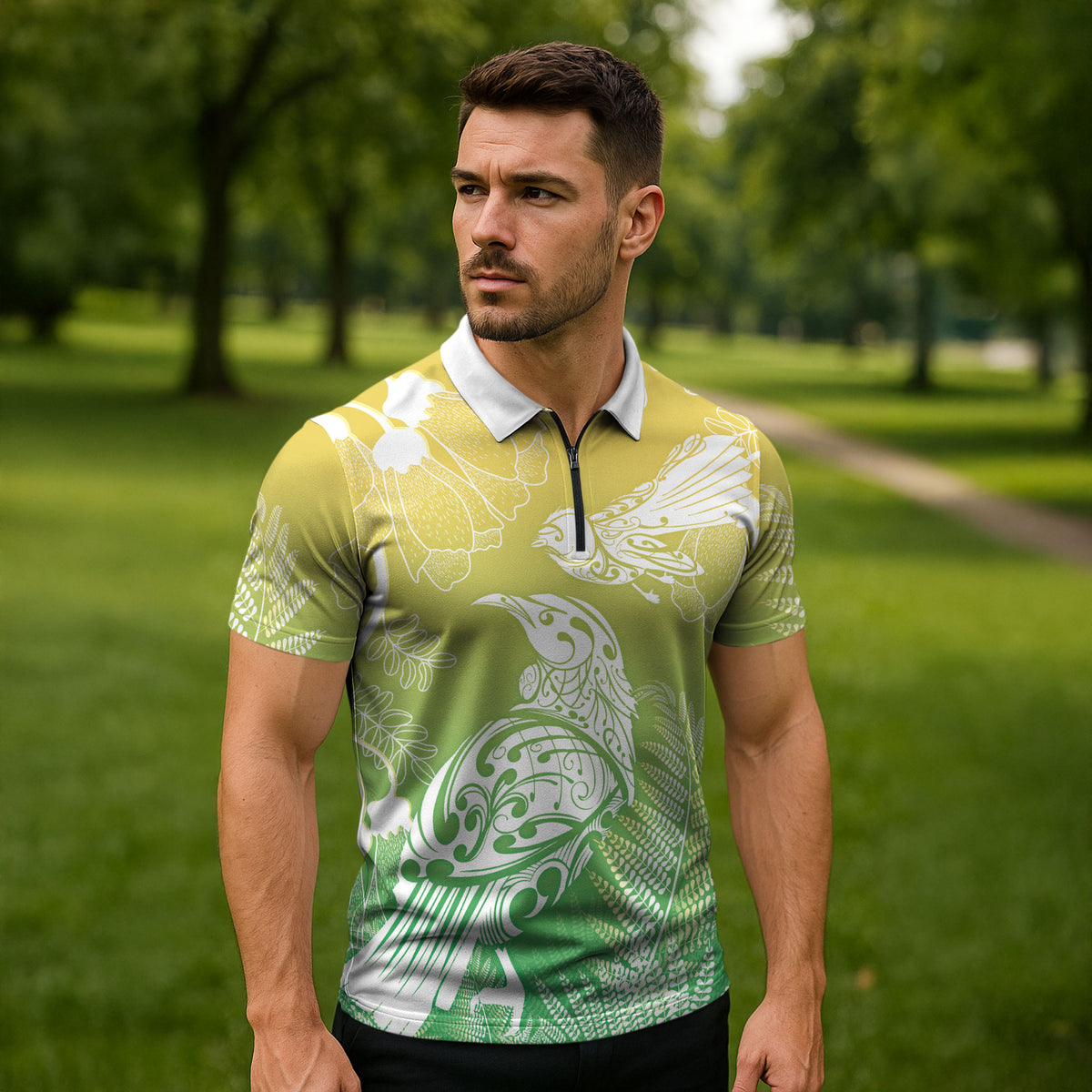 Aotearoa Maori Mahuru Tui With Pikawakawa Zipper Polo Shirt Spring Time LT7 - Polynesian Pride