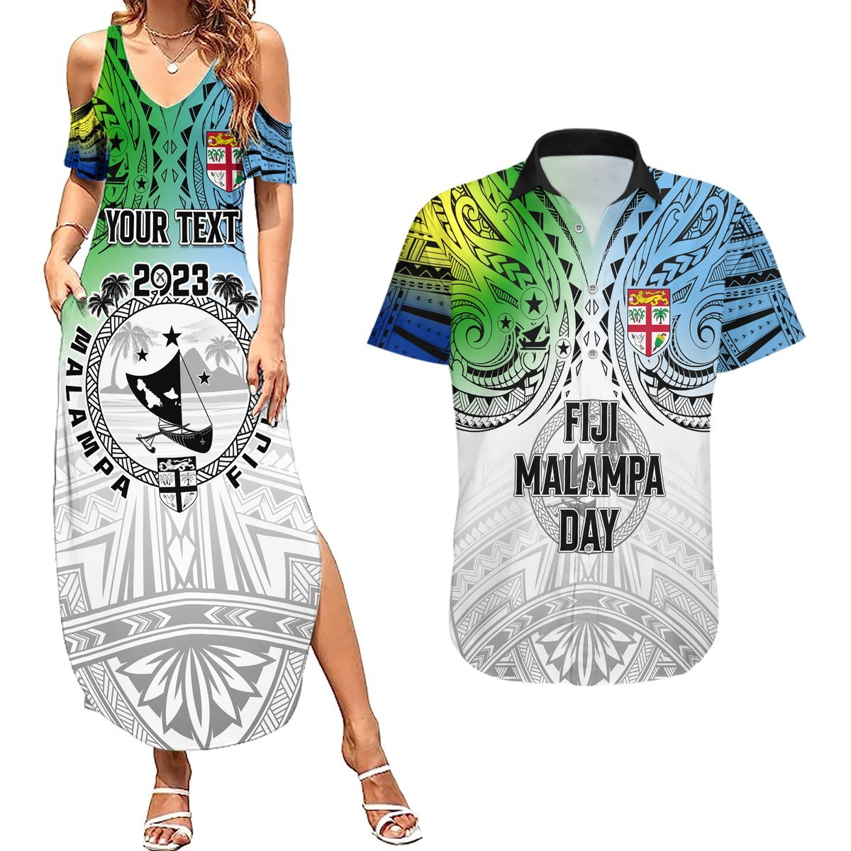 Personalised Malampa Fiji Day Couples Matching Summer Maxi Dress and Hawaiian Shirt Gradient Style LT7 White - Polynesian Pride