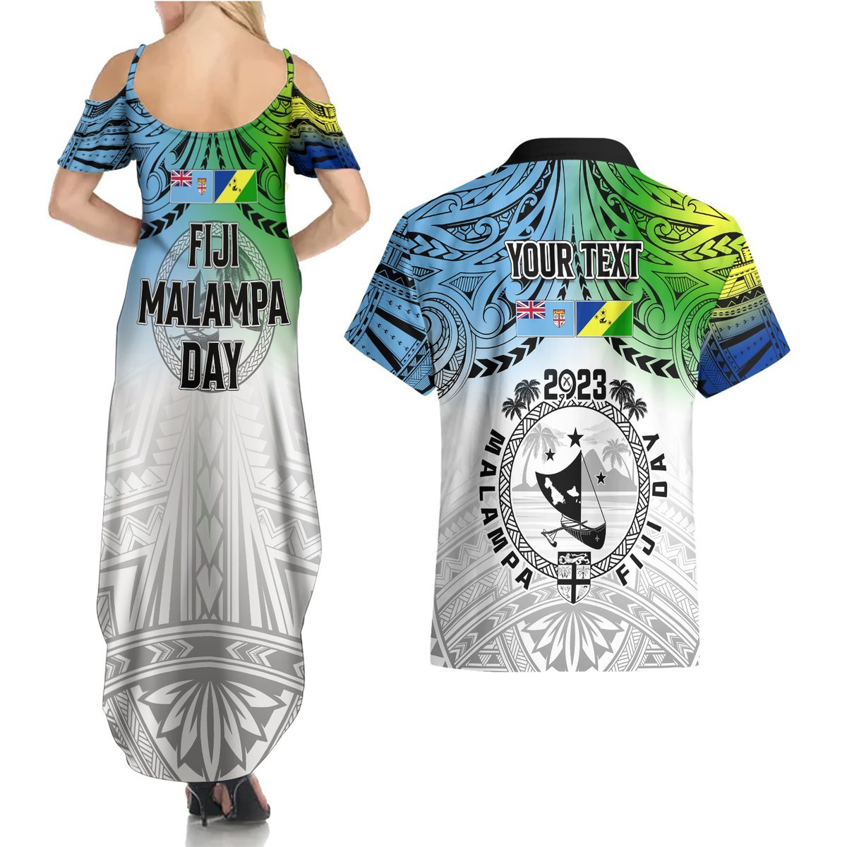 Personalised Malampa Fiji Day Couples Matching Summer Maxi Dress and Hawaiian Shirt Gradient Style LT7 - Polynesian Pride