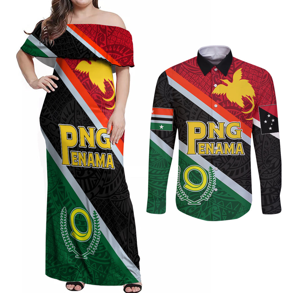 personalised-penama-and-papua-new-guinea-day-couples-matching-off-shoulder-maxi-dress-and-long-sleeve-button-shirts-emblem-mix-style