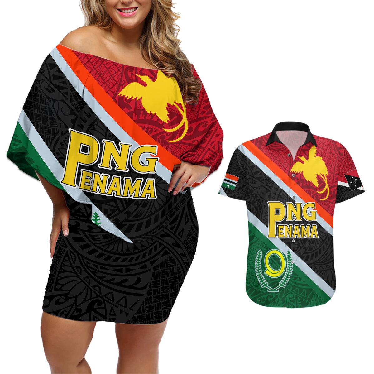 personalised-penama-and-papua-new-guinea-day-couples-matching-off-shoulder-short-dress-and-hawaiian-shirt-emblem-mix-style