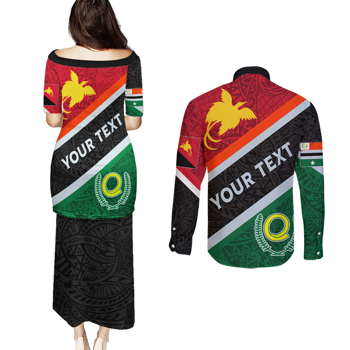 personalised-penama-and-papua-new-guinea-day-couples-matching-puletasi-dress-and-long-sleeve-button-shirts-emblem-mix-style