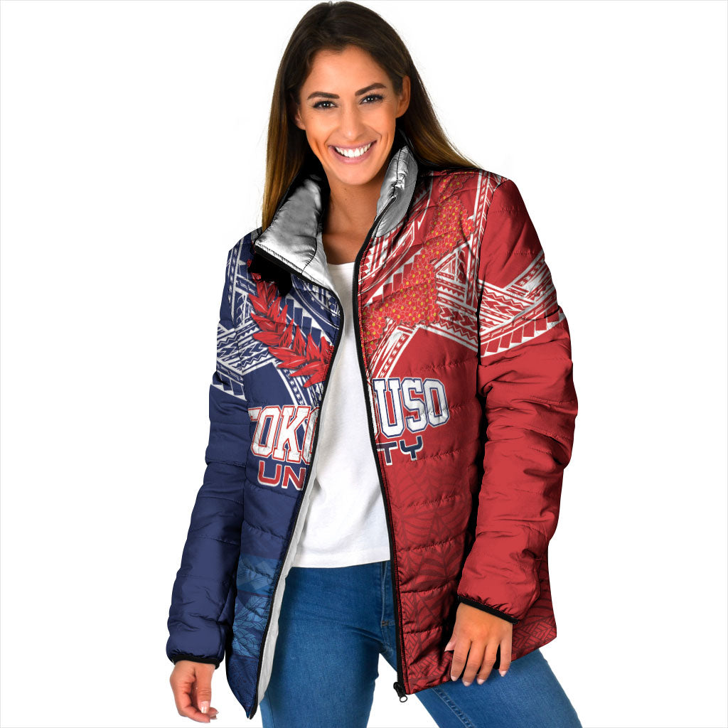 TokoUso Tonga Samoa Brothers Forever Custom Padded Jacket Ulafala and Heilala Unity LT7 Women Red Blue - Polynesian Pride
