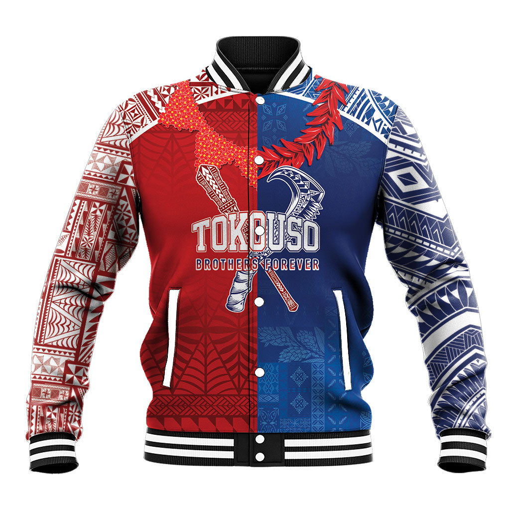 TokoUso Custom Tonga and Samoa Baseball Jacket Warriors War Clubs LT7 Unisex Blue Red - Polynesian Pride