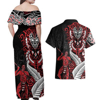 Aotearoa Toitu Te Tiriti Couples Matching Off Shoulder Maxi Dress and Hawaiian Shirt Whakairo Wheku