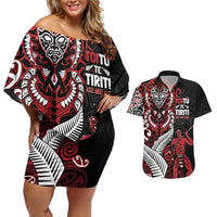 Aotearoa Toitu Te Tiriti Couples Matching Off Shoulder Short Dress and Hawaiian Shirt Whakairo Wheku