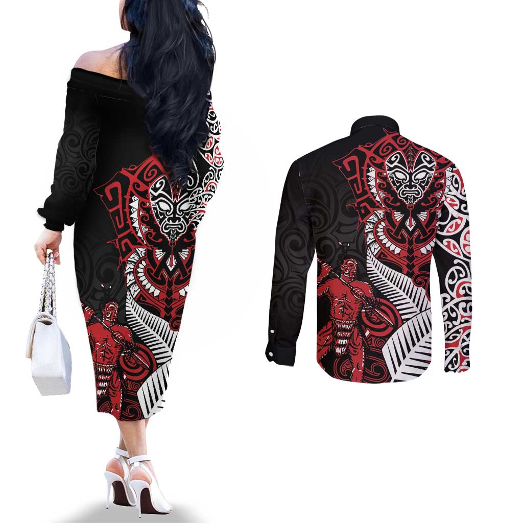 Aotearoa Toitu Te Tiriti Couples Matching Off The Shoulder Long Sleeve Dress and Long Sleeve Button Shirt Whakairo Wheku