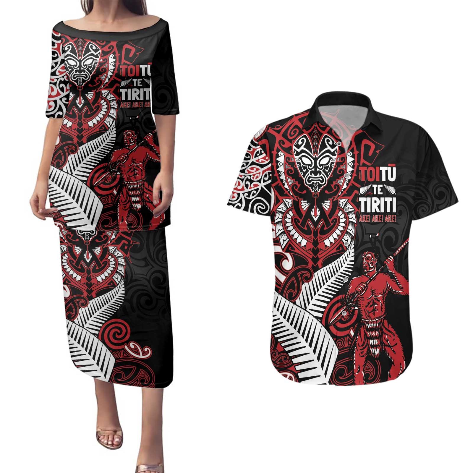 Aotearoa Toitu Te Tiriti Couples Matching Puletasi and Hawaiian Shirt Whakairo Wheku